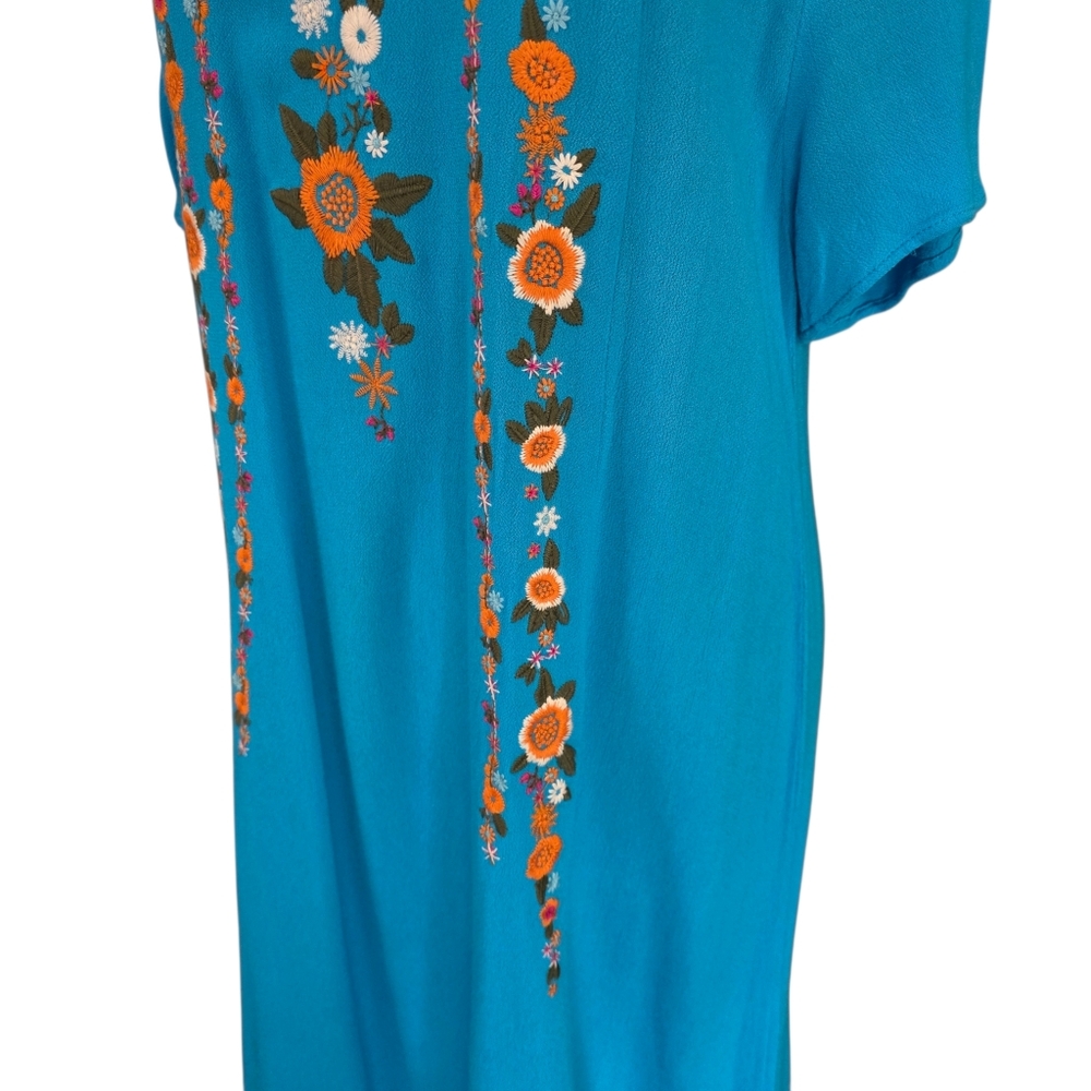 Umgee Embroidered Floral Shift Dress Turquoise Rayon Size S Summer Boho Casual - Picture 3 of 8
